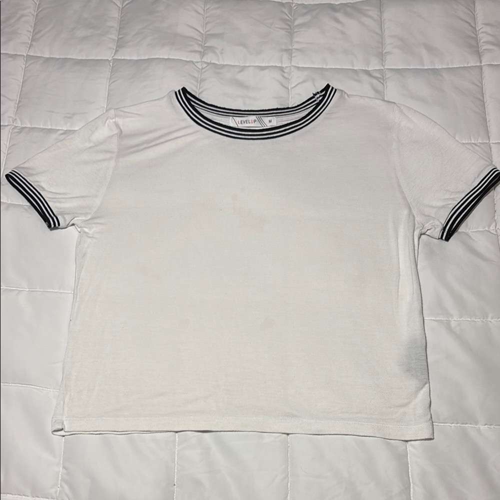 White T-Shirt with Black Ringer Trim Crop - Picture 1 of 6